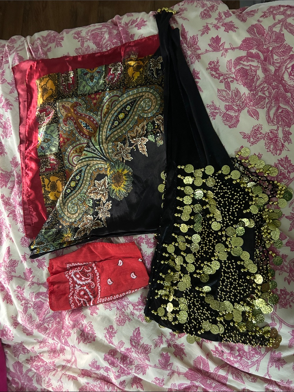 2 silk scarves, red bandana, and Black Coin Hip Scarf with Gold Sequins